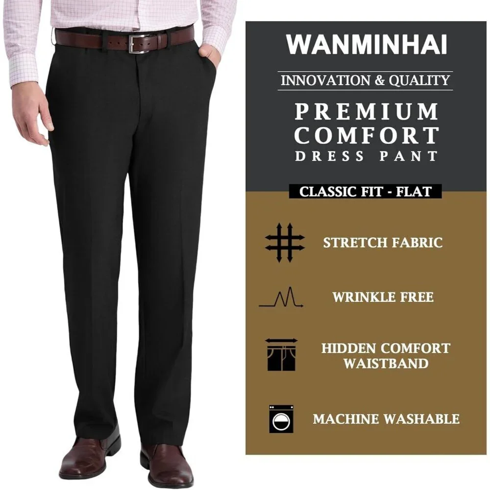 Men's Classic Fit Flat Front Dress Pants Expandable Waist Wrinkle Free Suit Pant